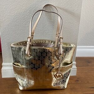 Michael Kors Jet Set Gold Metallic Logo Tote